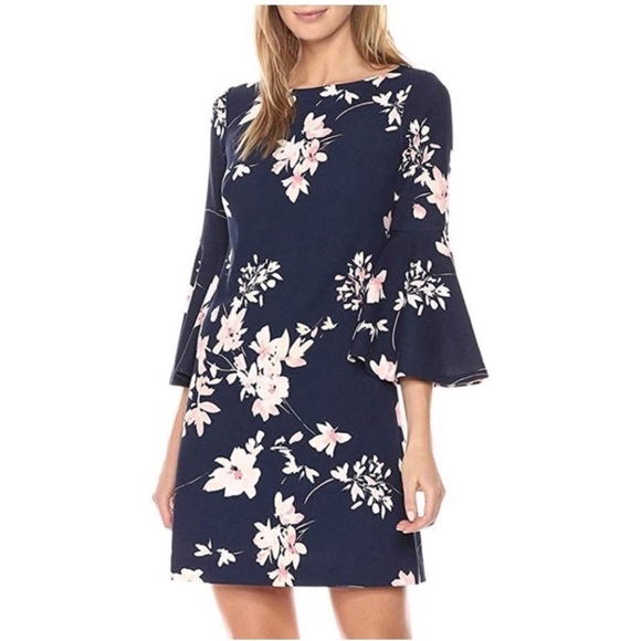 Eliza J Navy Floral Long Sleeve Dress - Picture 1 of 5